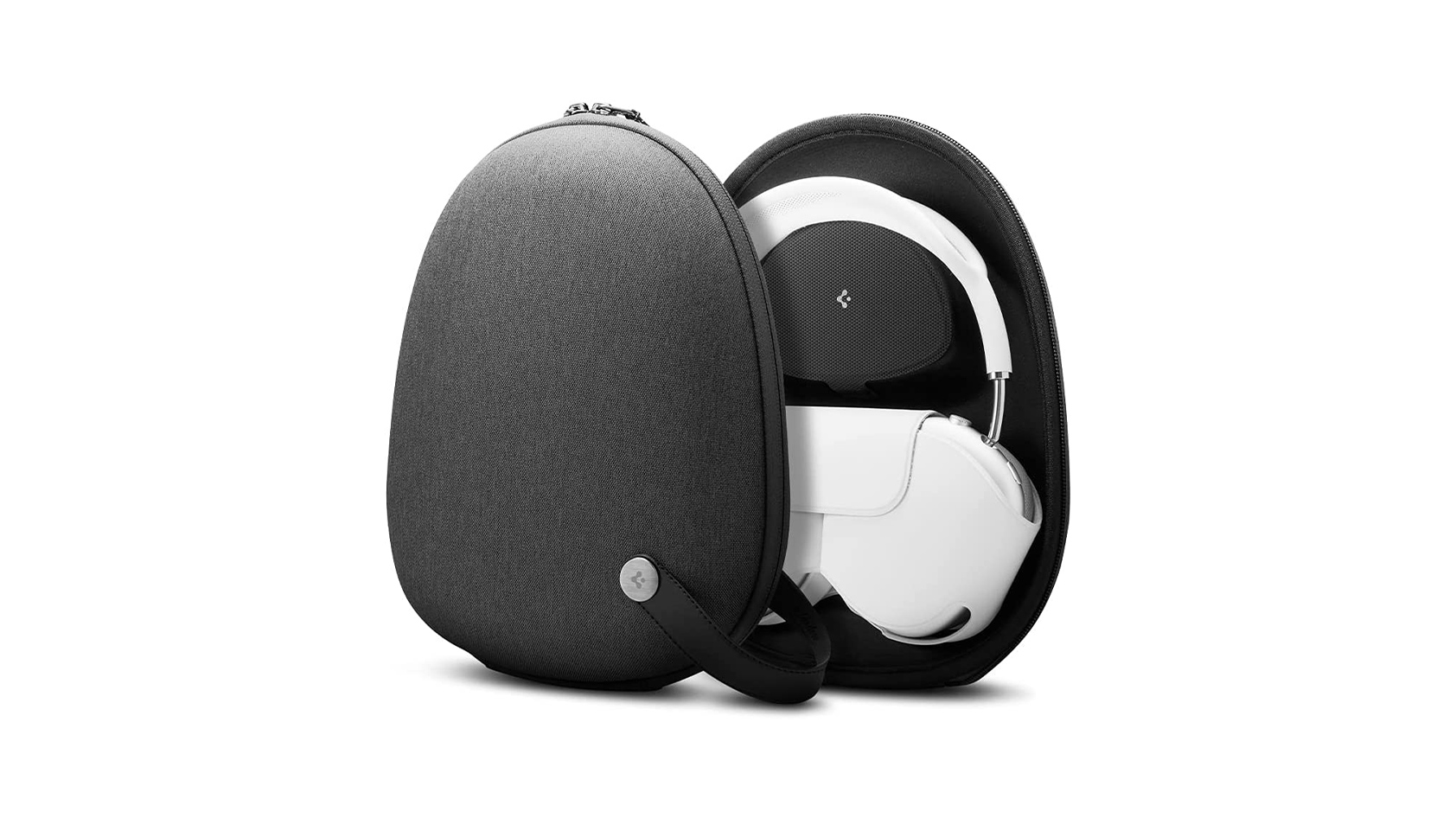 The Spigen Klasden AirPods Max Carrying Case in black with the AirPods Max and Apple Smart Case inside.