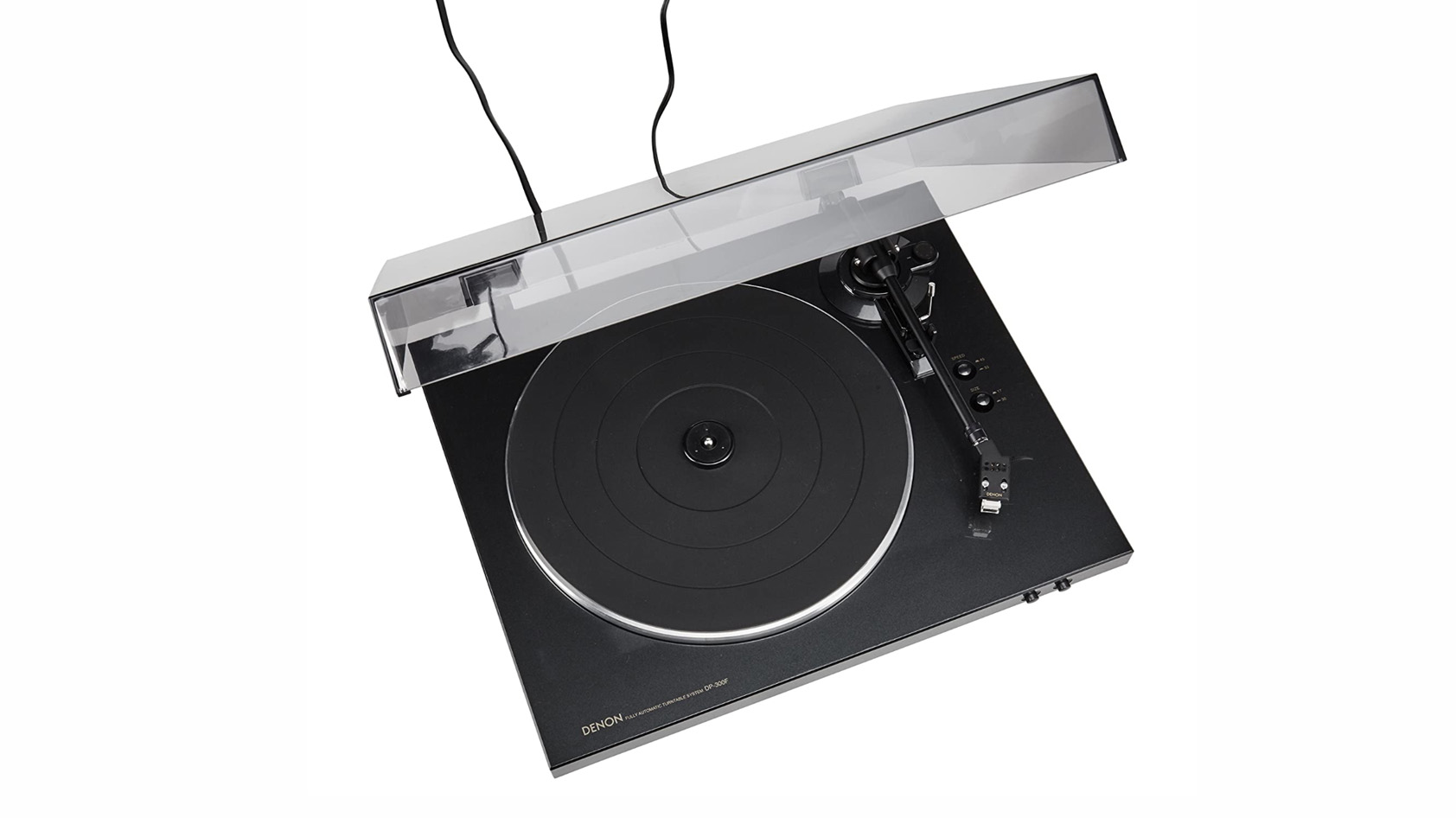 Product image of a Denon DP-300 F turntable on a white background