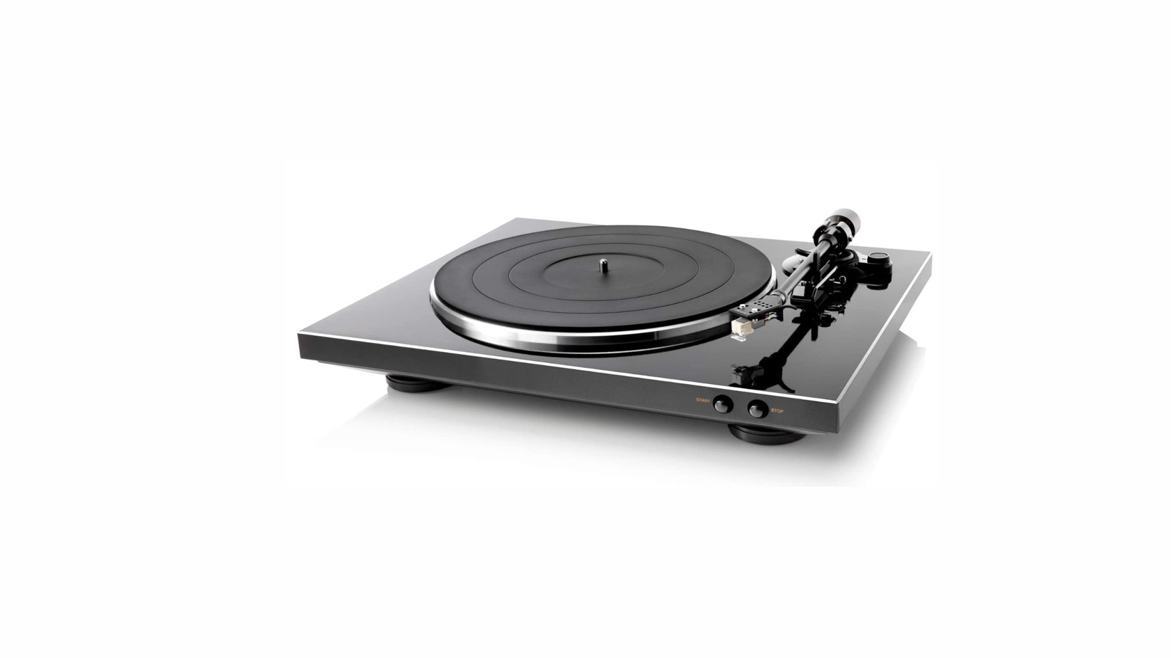 Product image of a Denon DP-300 F turntable on a white background