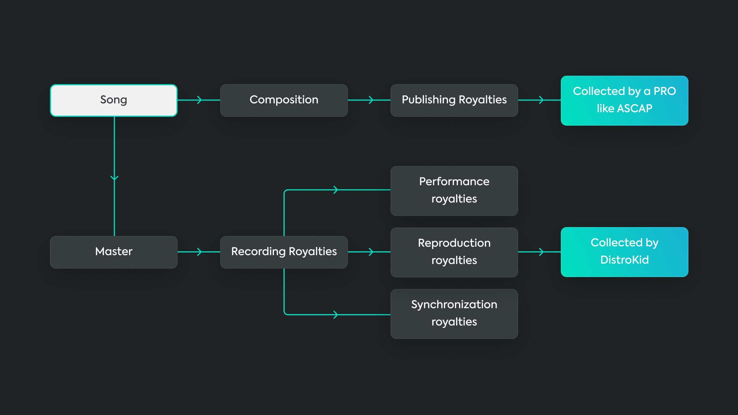 A flowchart of the types of royalties DistroKid and ASCAP collect.