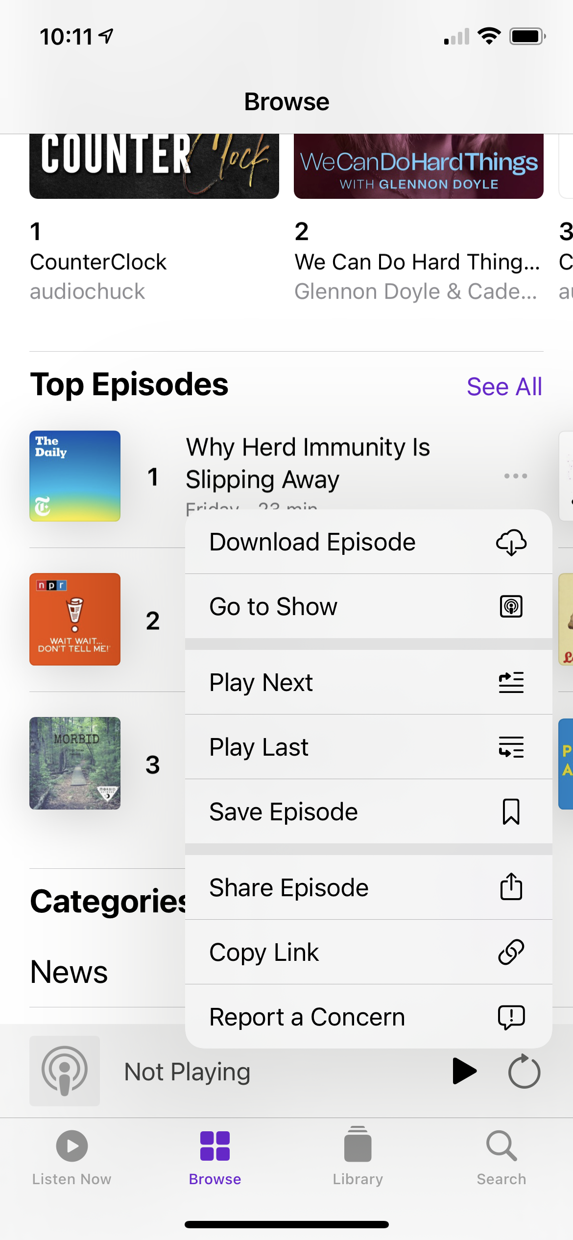 Screenshot of Apple Podcasts interface Browse page.