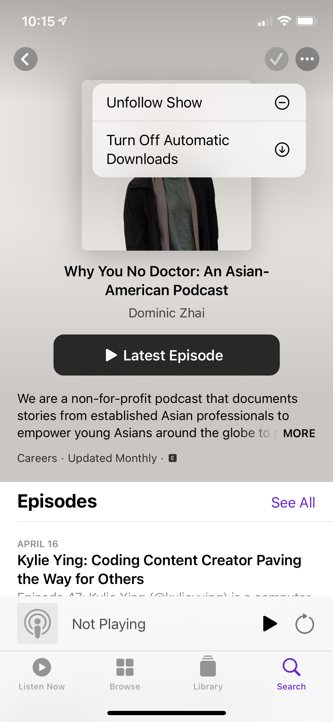 Screenshot of Apple Podcasts interface unfollowing a show.