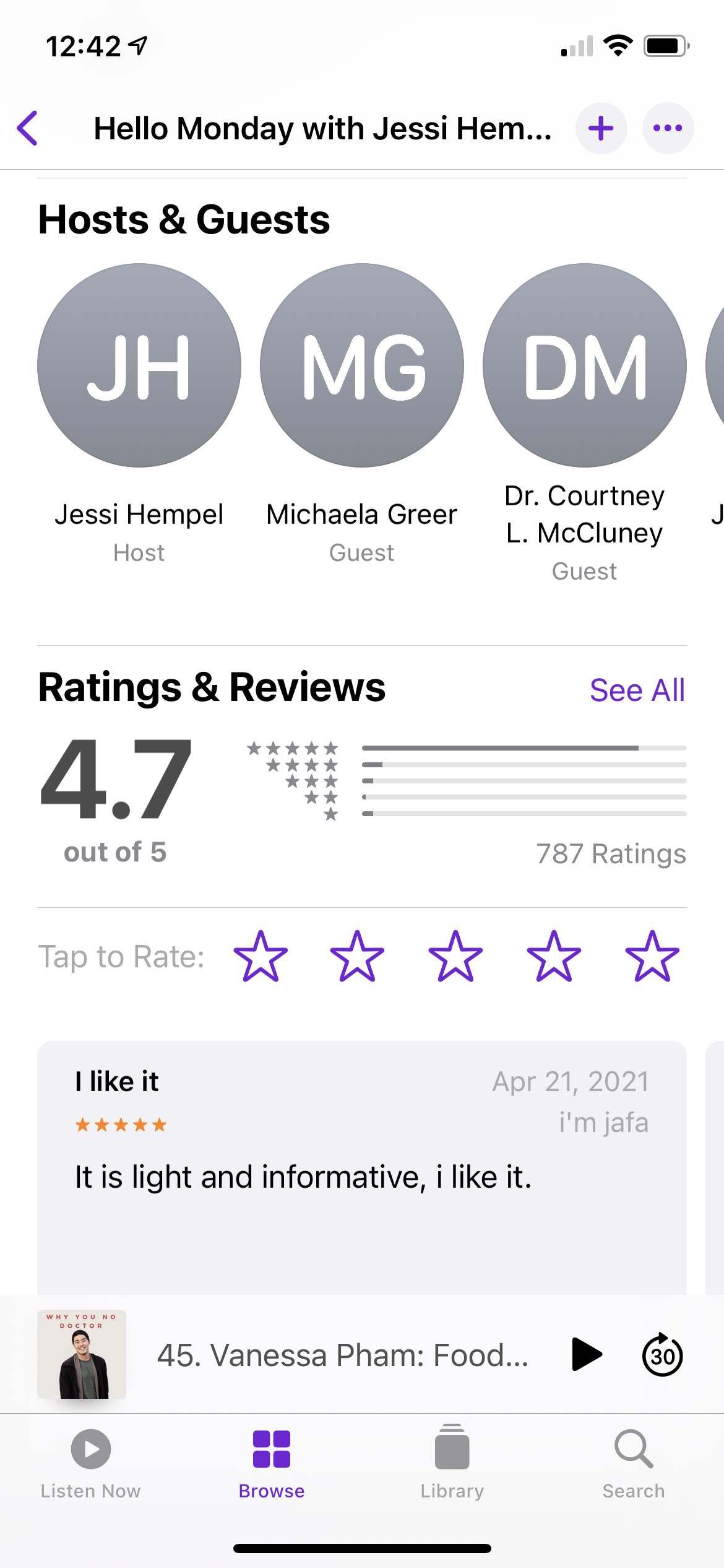 Screenshot of Apple Podcasts interface show reviews and hosts.