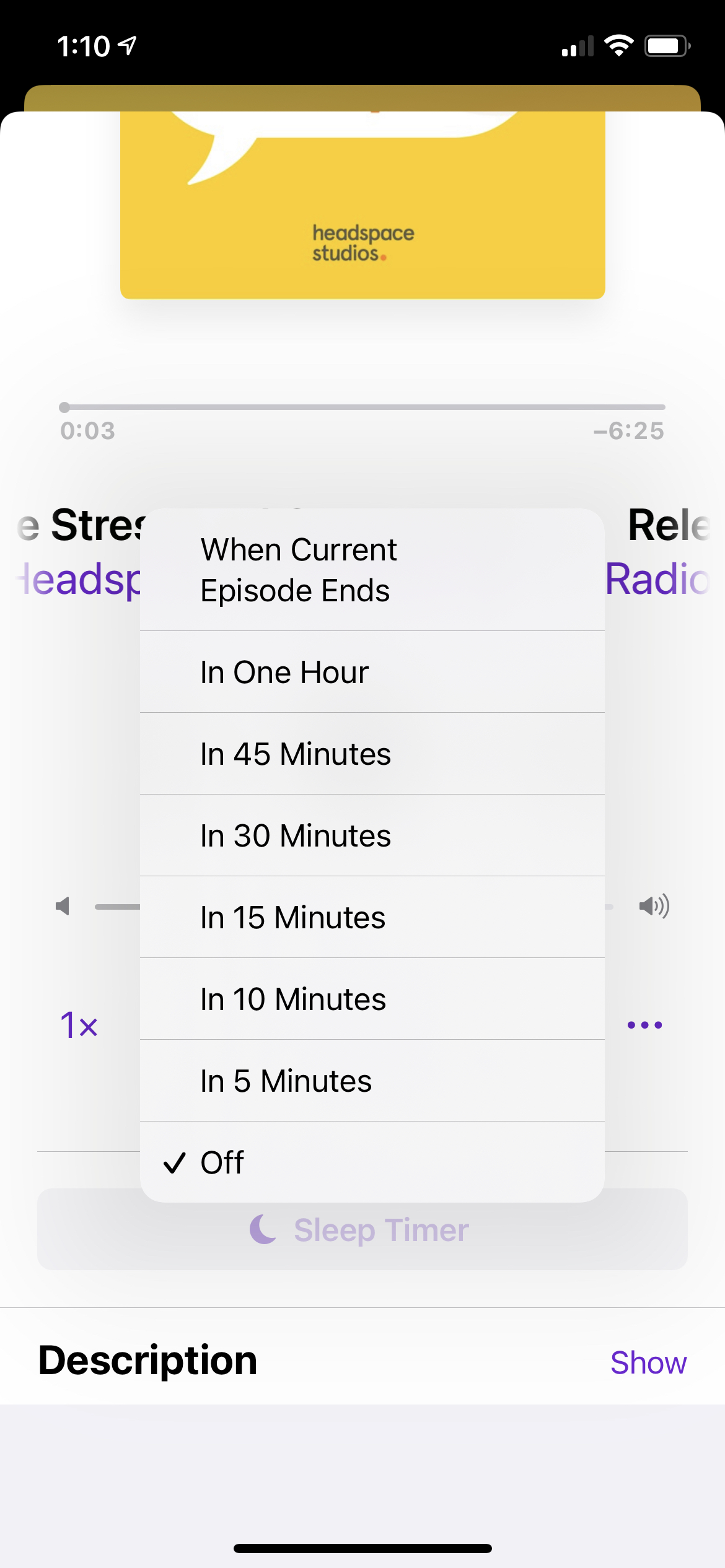 Screenshot of Apple Podcasts player sleep timer.