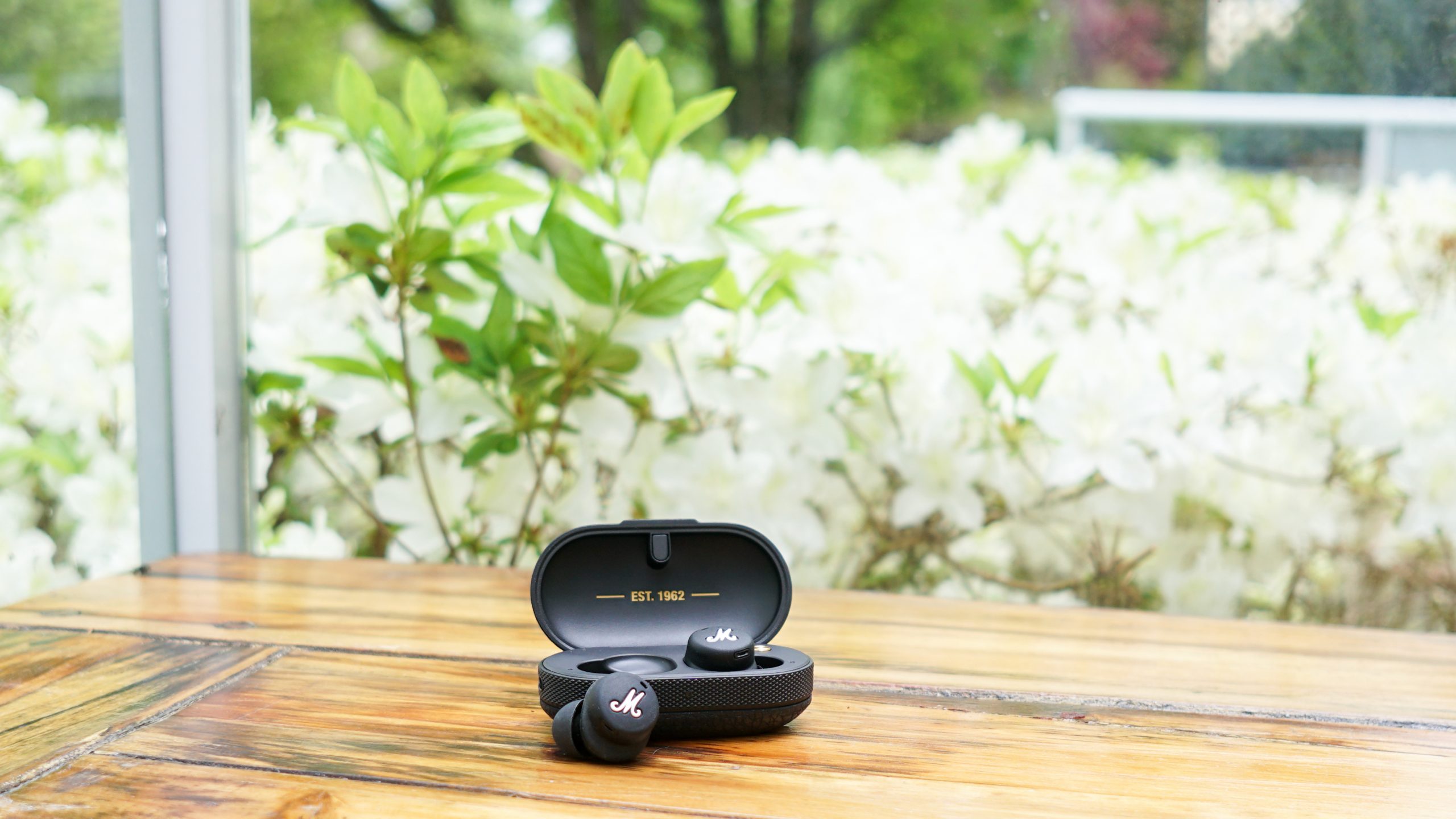 Marshall Mode II case open earbud out flowers