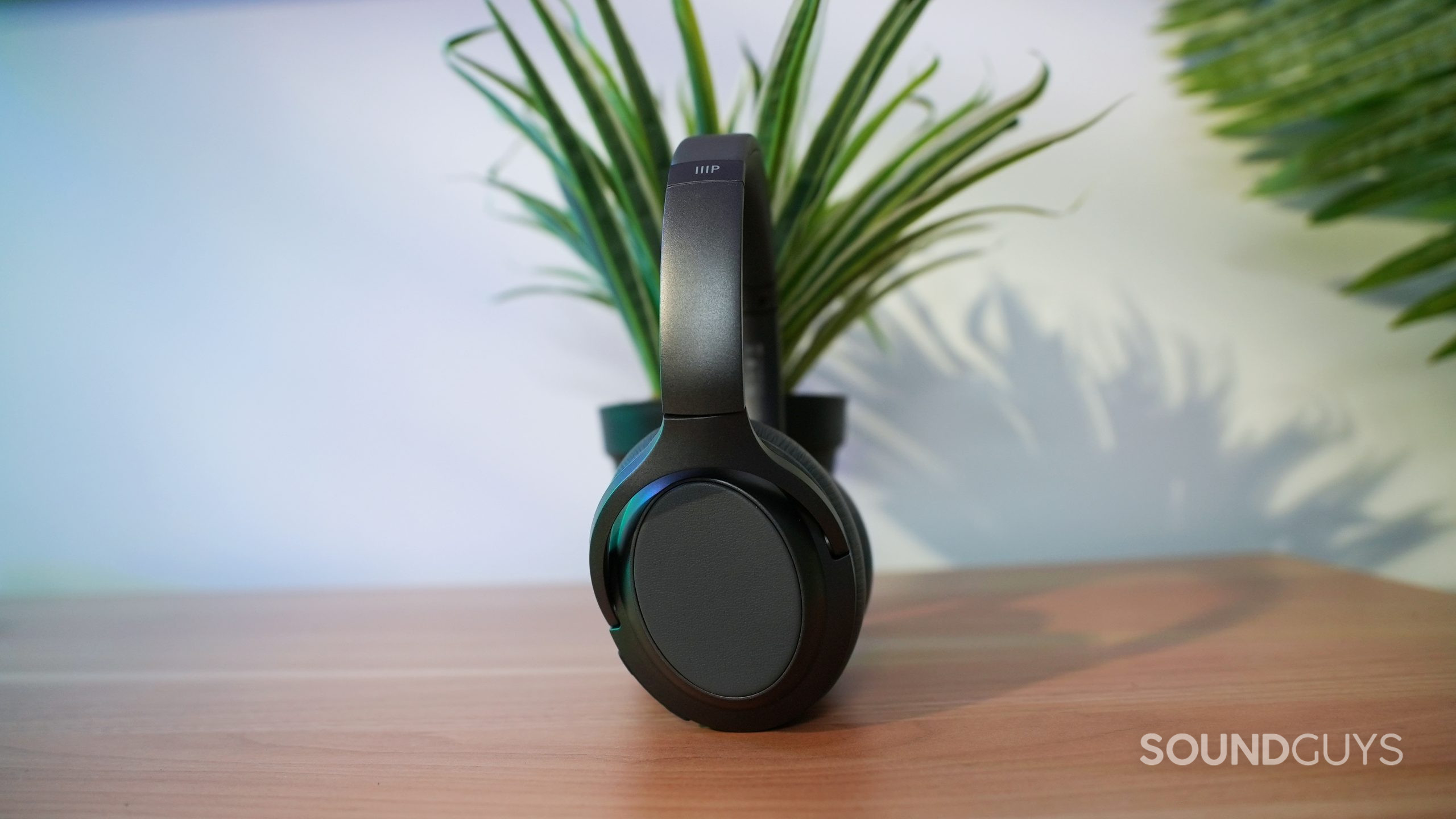 The Monoprice-BT-600 ANC noise canceling Bluetooth headphones in front of a house plant.