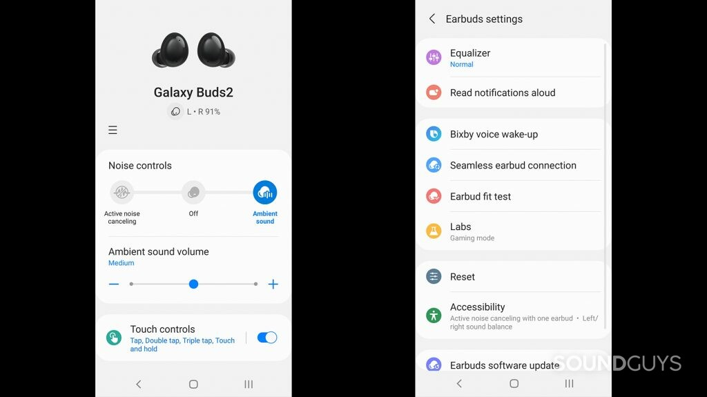 Samsung Galaxy Buds 2 galaxy wearable app home settings screenshot.