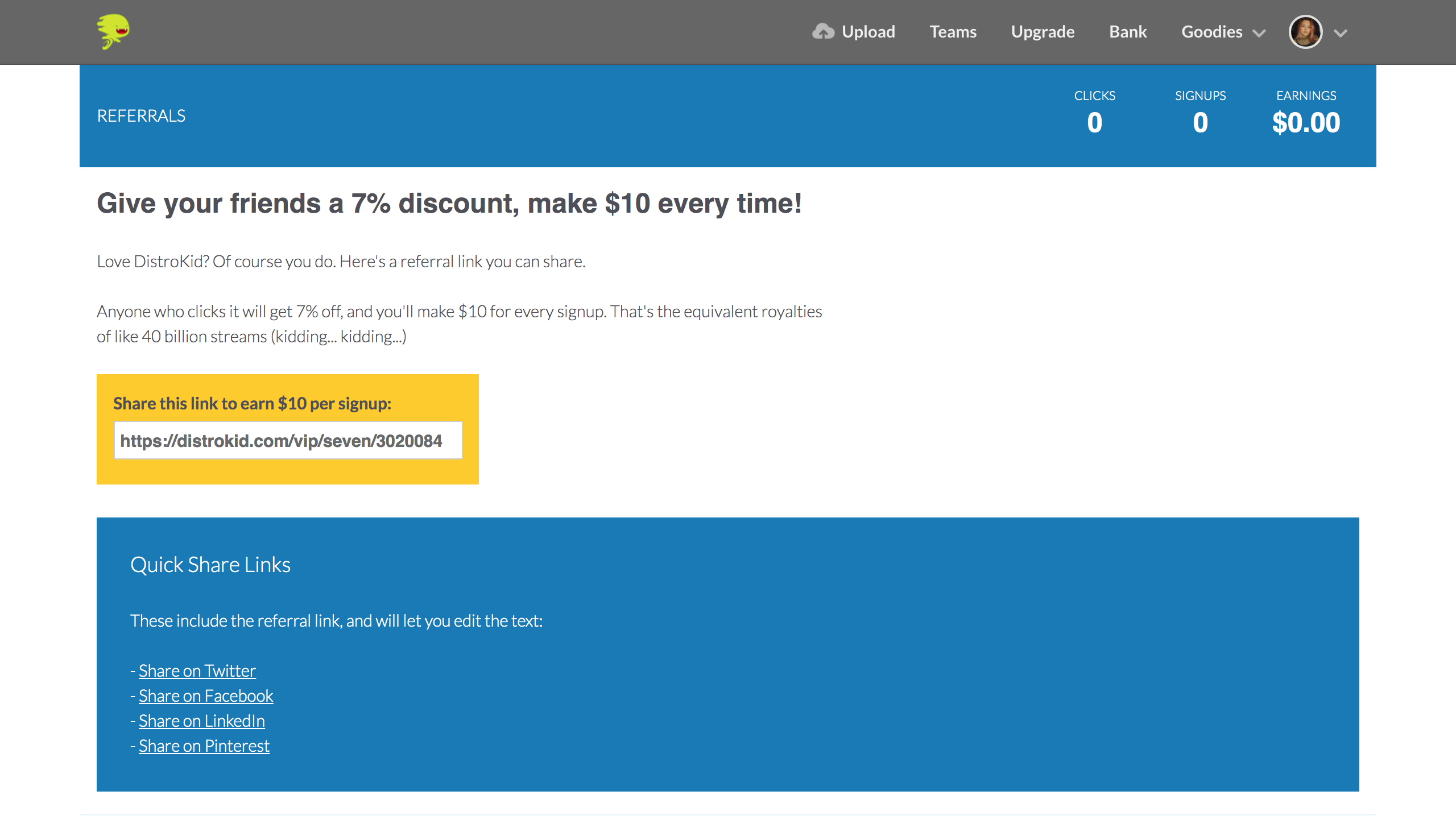 Screenshot of Distrokid interface friends discount.
