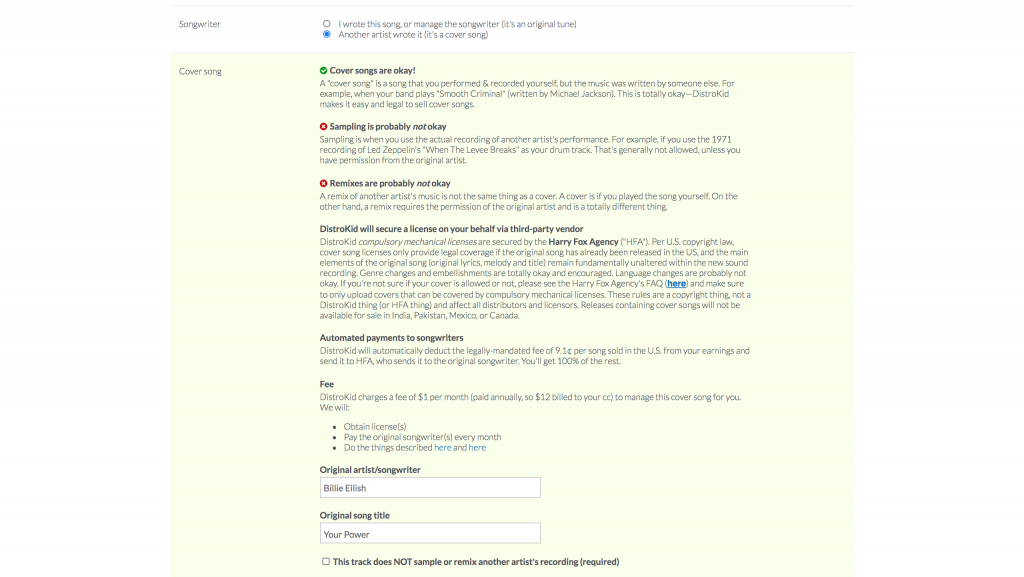 Screenshot of Distrokid interface Cover Song upload.