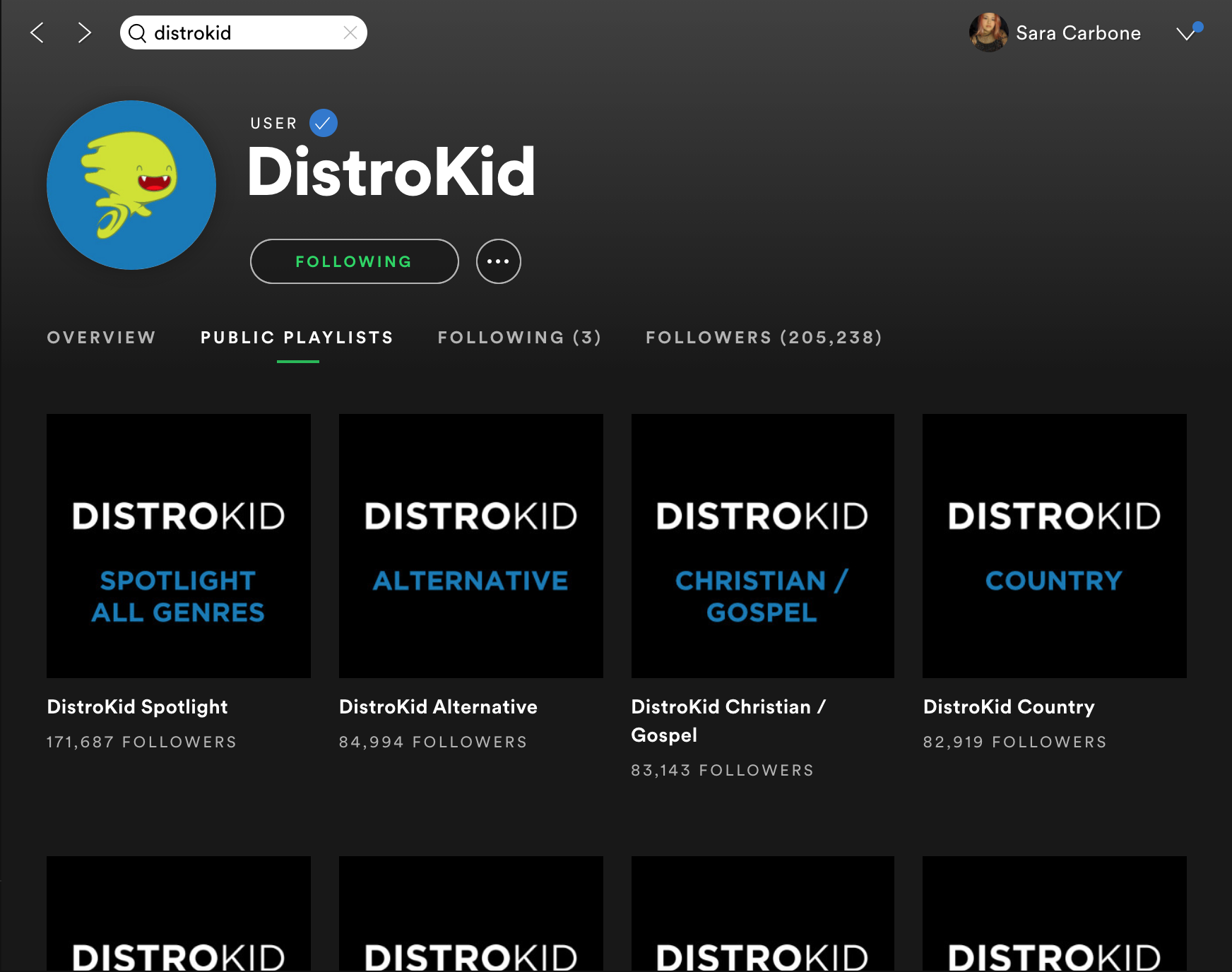 Screenshot of Distrokid Spotify user.