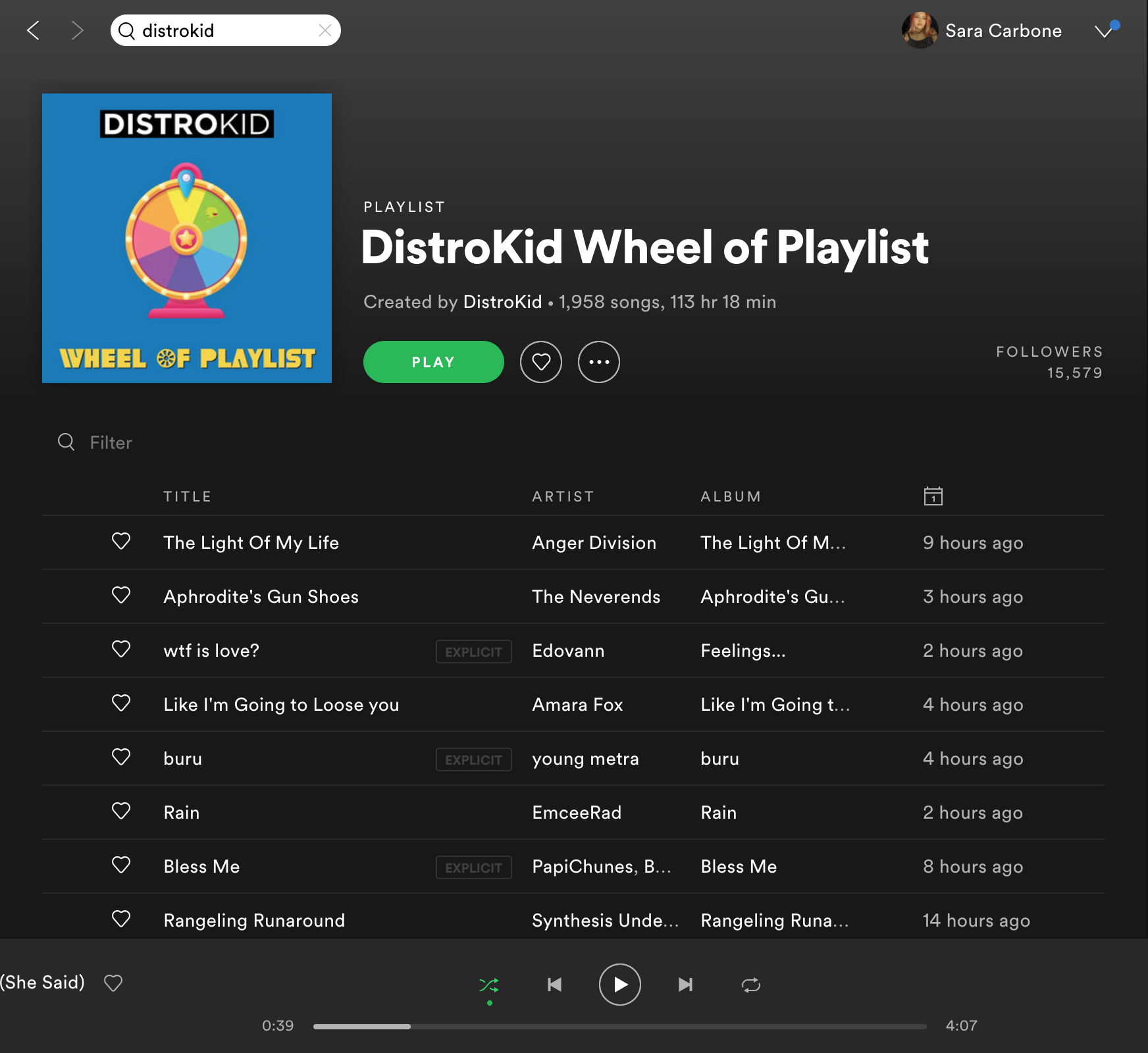 Screenshot of DistroKid's Wheel of Playlist on Spotify.