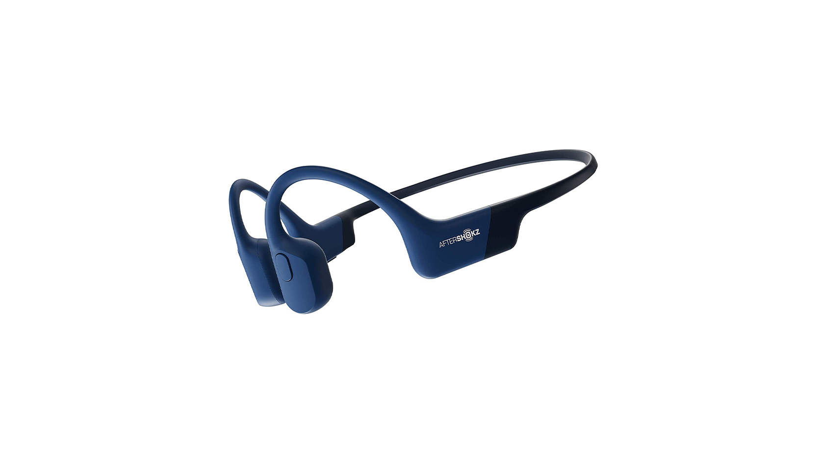 The Aftershokz Aeropex bone conduction headphones in navy blue against a white background.