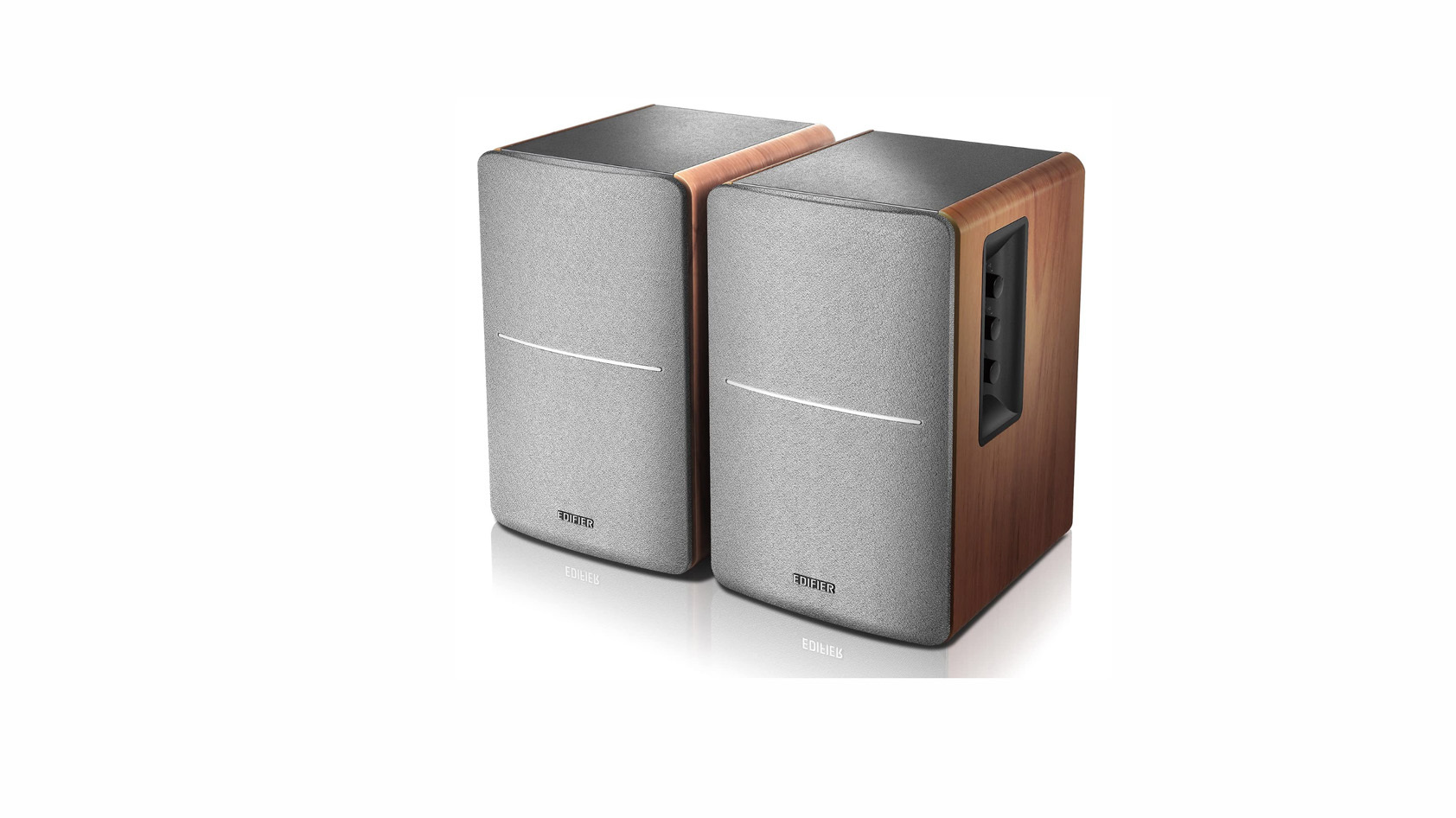 The Edifier R12DB wooden bookshelf speakers against a white background.