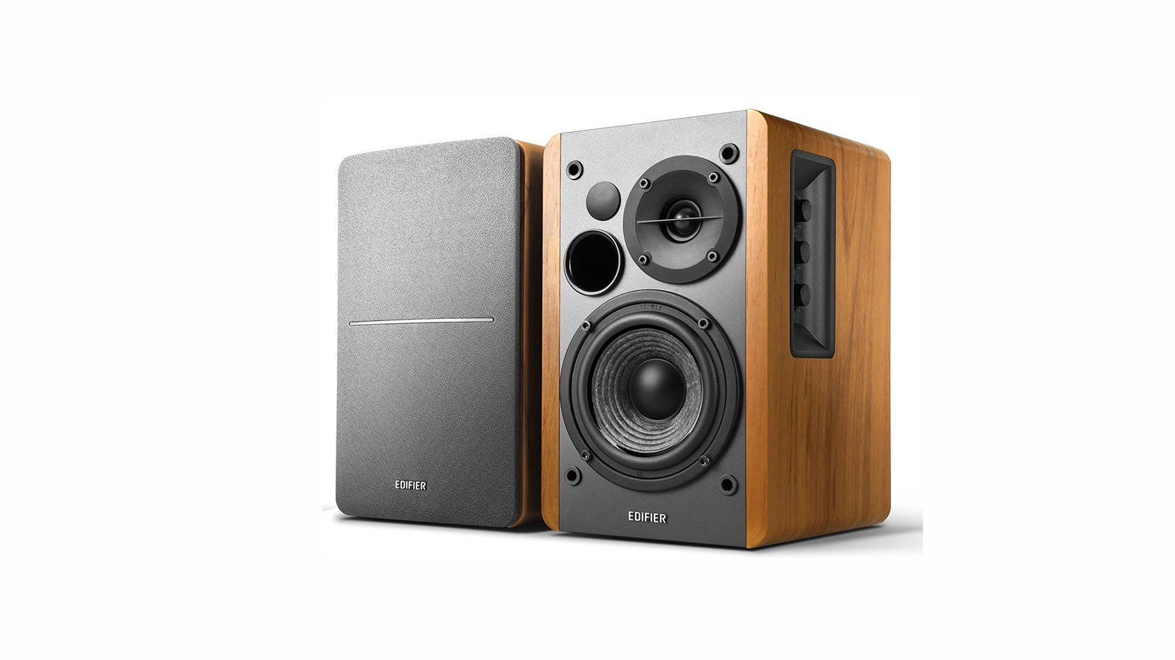 The Edifier R12DB wooden bookshelf speakers with one speaker revealing the driver arrangement against a white background.