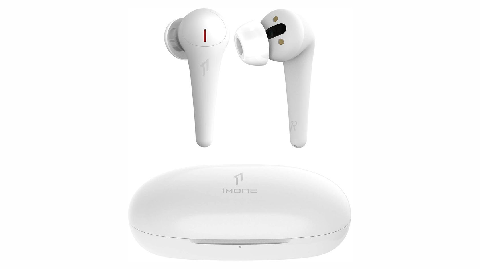The 1MORE ComfoBuds Pro noise canceling true wireless earphones in white against a white background.