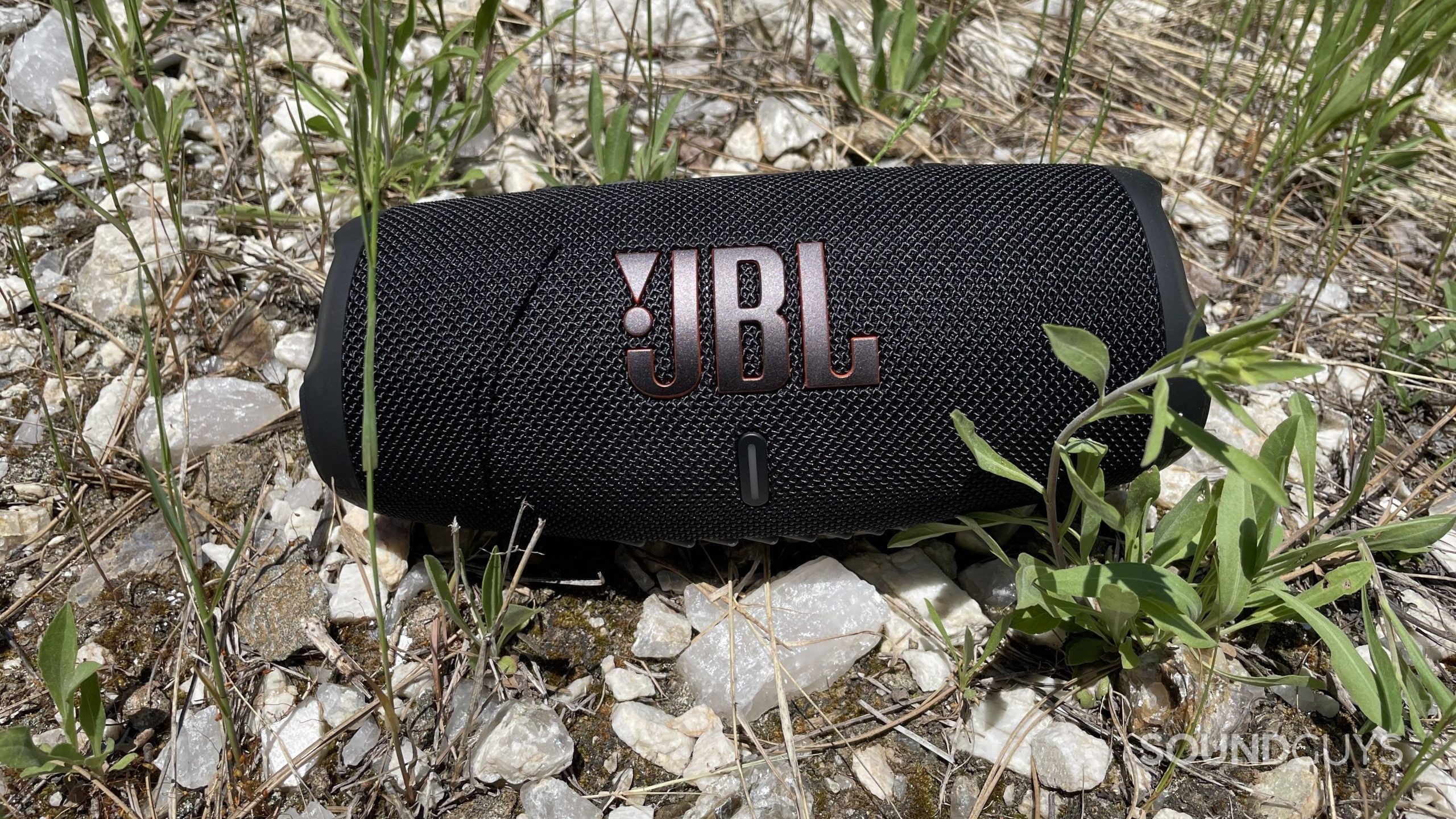 JBL Charge 5 resting on rocks and grass.