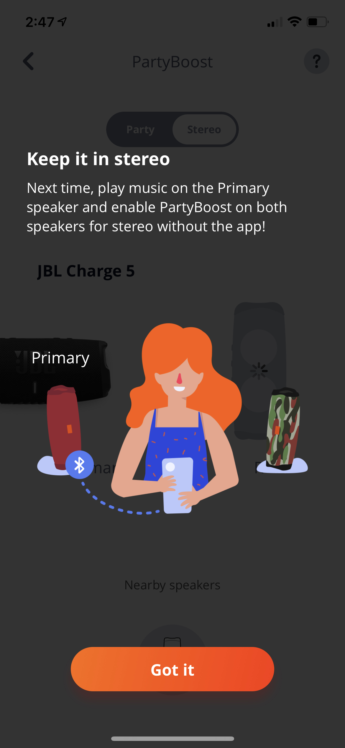Screenshot of JBL Connect app interface PartyBoost stereo function.