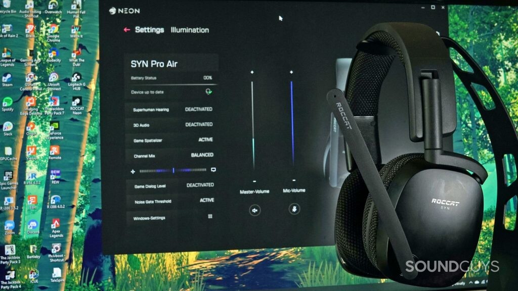 The Roccat Syn Pro Air gaming headset sits on a headphone stand in front of a computer monitor displaying the Roccat Neon app.