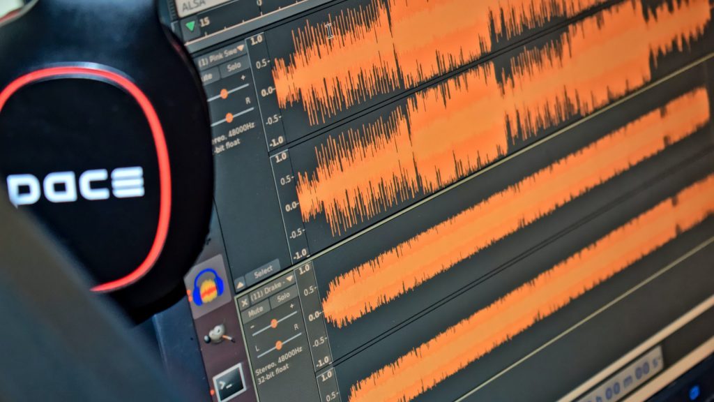 Two sets of stereo waveforms viewed on the screen of an audio editor.