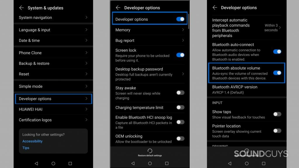 Screenshots show how to fix volume issue on google pixel buds a-series.