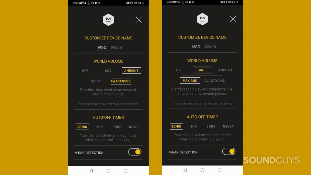 There are two screenshots of the master & dynamic mw08 app showing ANC modes.