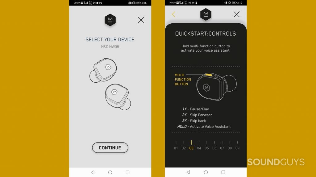 On a yellow background are two screenshots of the master & dynamic mw08 app showing the landing page and quick guide.