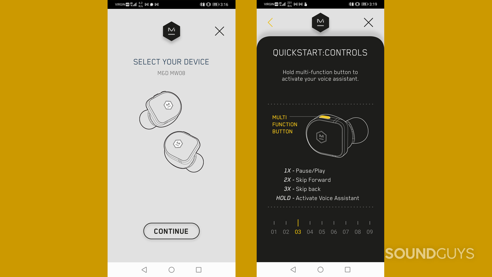 On a yellow background are two screenshots of the master &amp; dynamic mw08 app showing the landing page and quick guide.