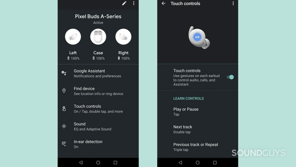 Shown are two screenshots of the Google Pixel Buds app for the Pixel Buds A-Series.