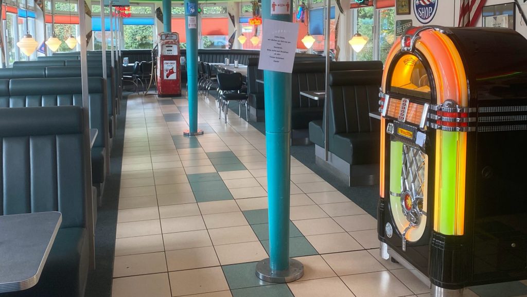 A jukebox machine lights up in a diner.
