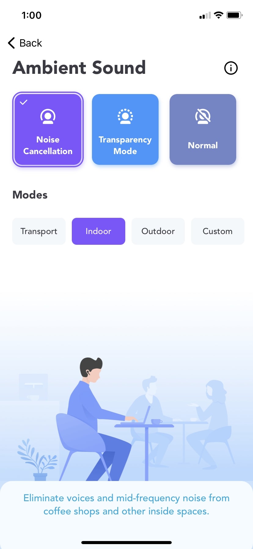 Screenshot of a Soundcore app showing various listening modes