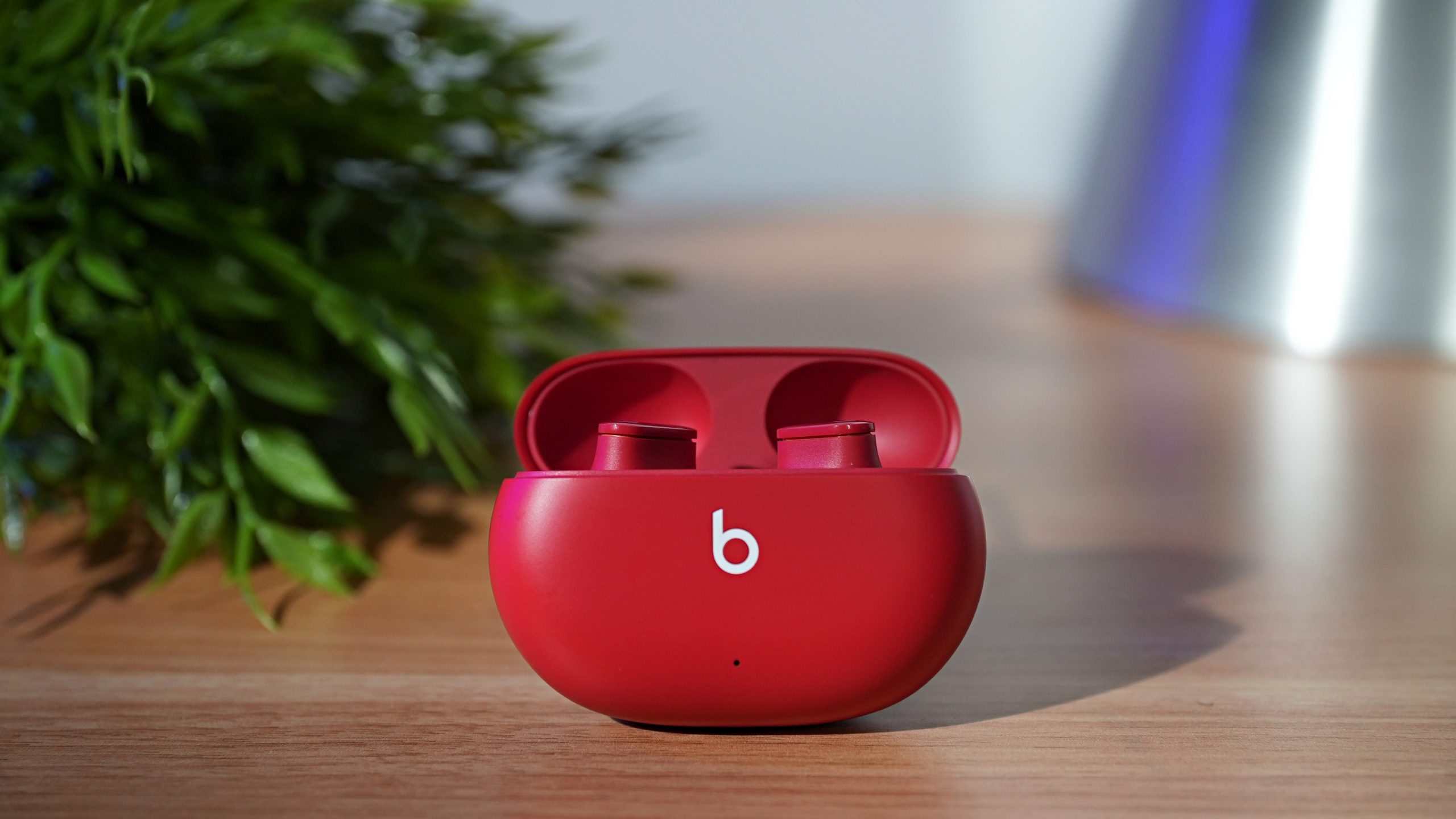 The Beats Studio Buds in an open case on a wood surface with plants in the background.
