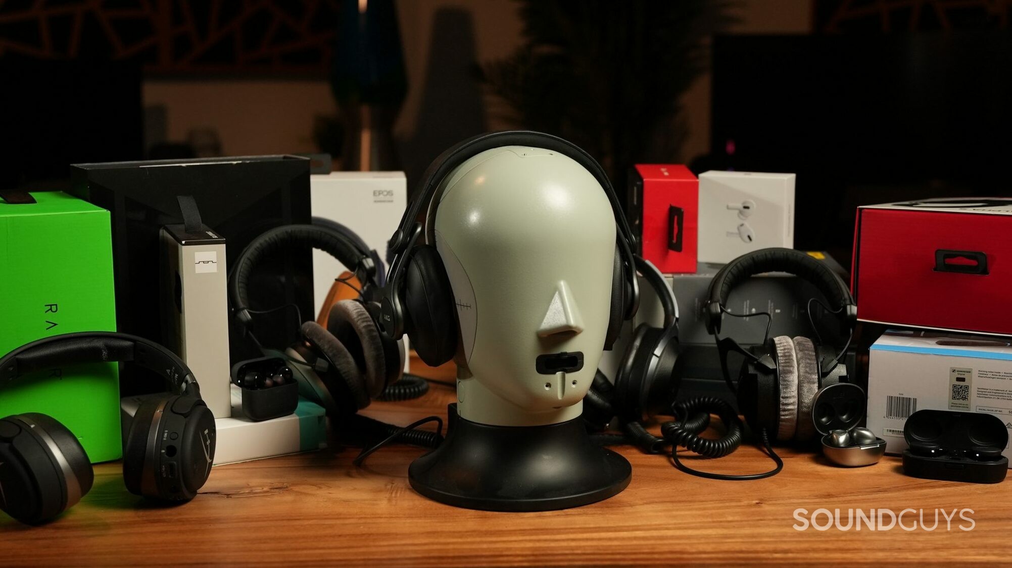 An assortment of headphone products with the B&amp;K 5128 test head.