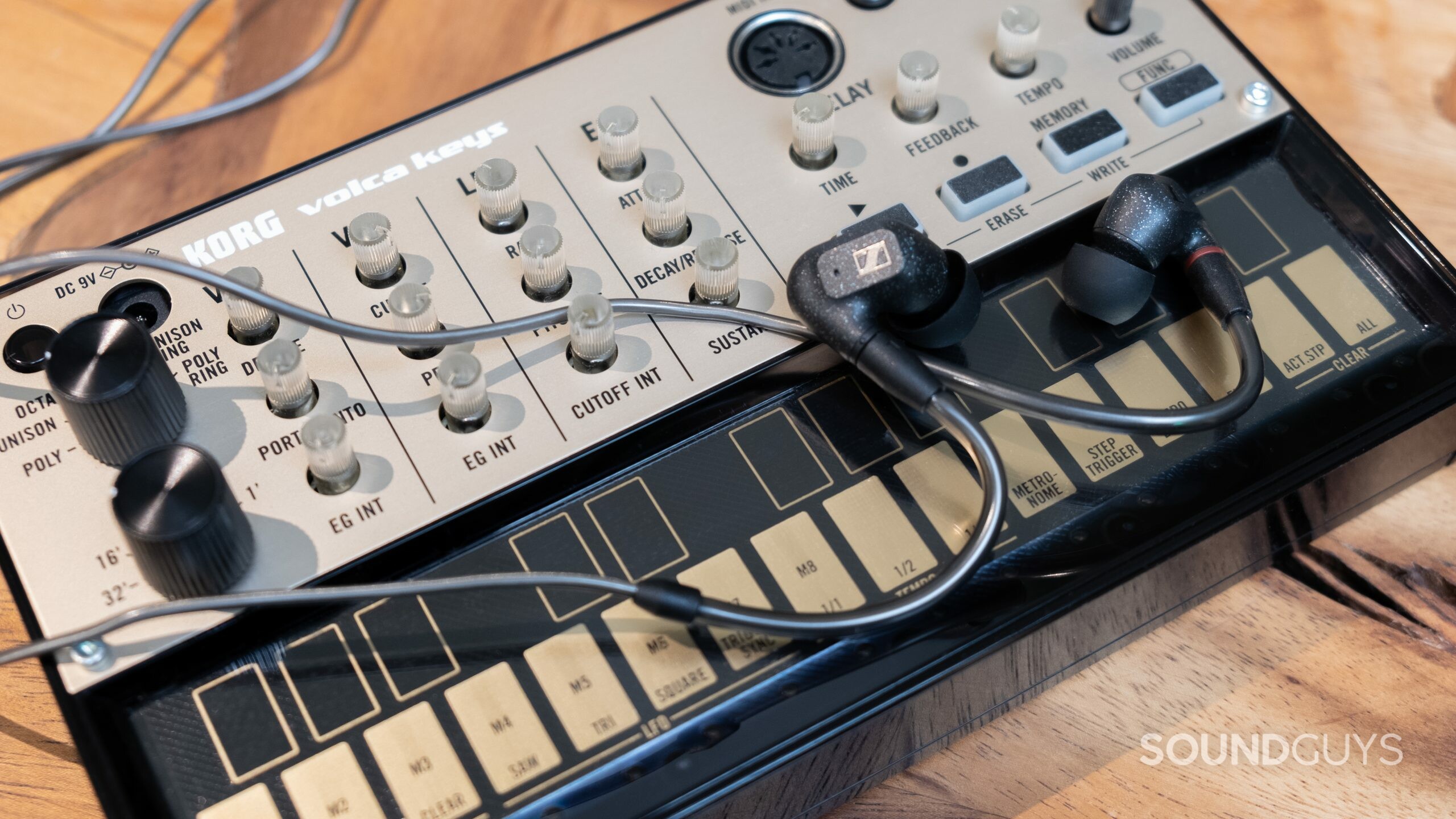 The Sennheiser IE 300 placed on a Volca Keys synth.