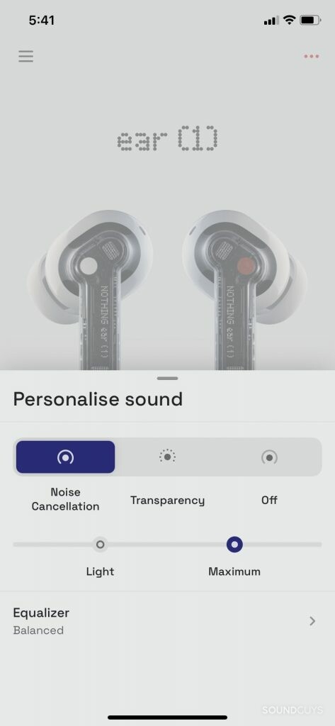 A screenshot of the Nothing Ear 1 app ANC and Transparency modes.