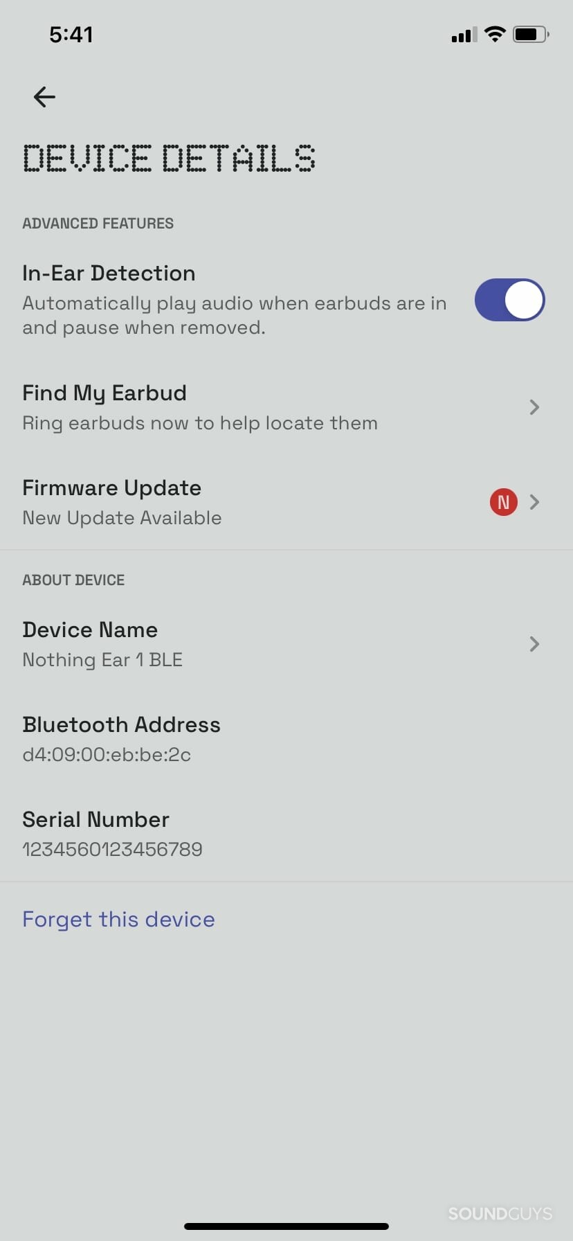 A screenshot of the Nothing Ear 1 app details tab.