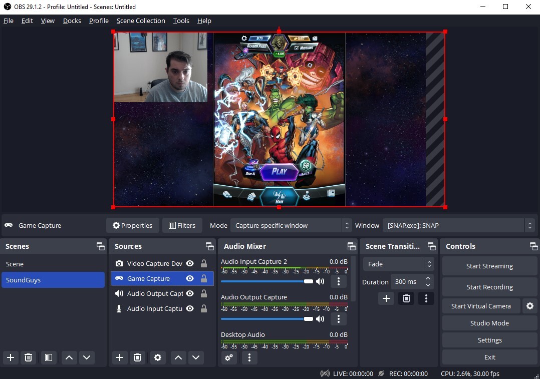 A screenshot of a full scene setup in the OBS main page.