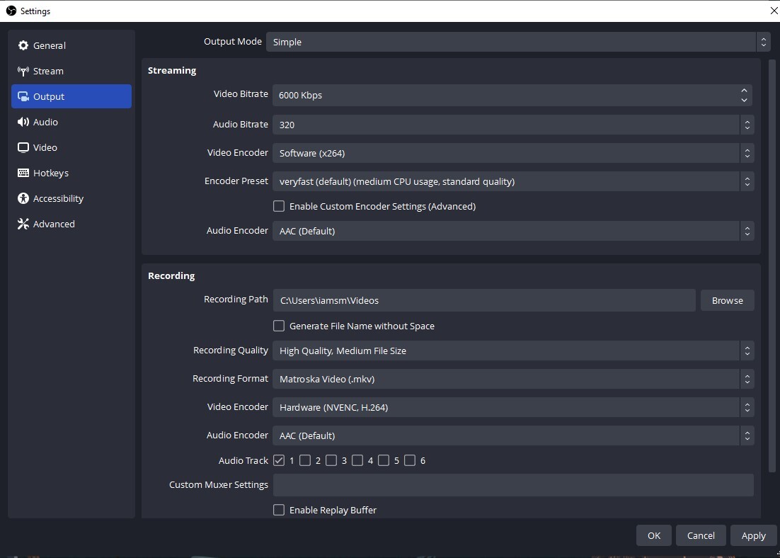 A screenshot of the output settings in the OBS app.