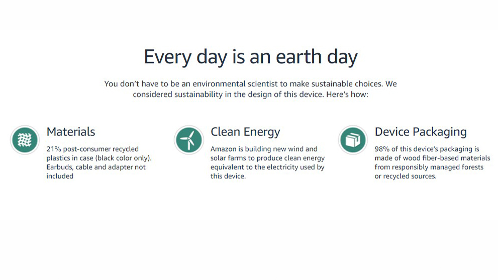 Screen capture of Amazon Echo Buds 2nd generation product page with Climate Pledge badges