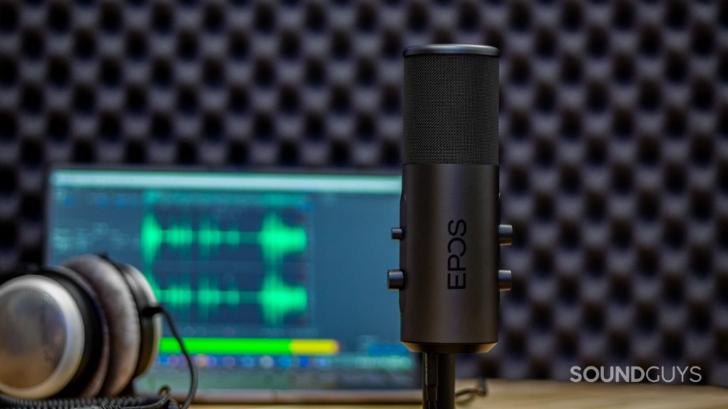 EPOS B20 in a recording studio with headphones and a DAW on a laptop in the background.