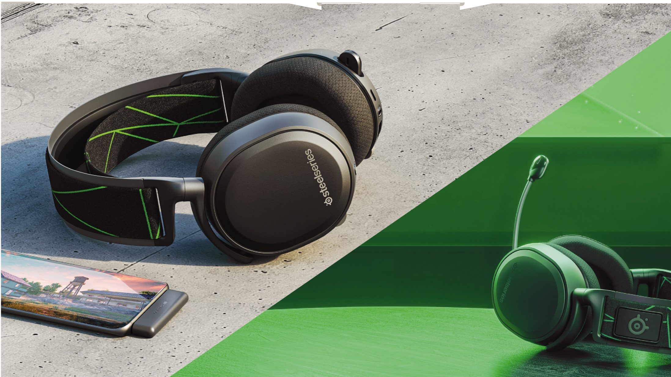 The SteelSeries Arctis 7X gaming headset on concrete and split into a separate image with green lighting.