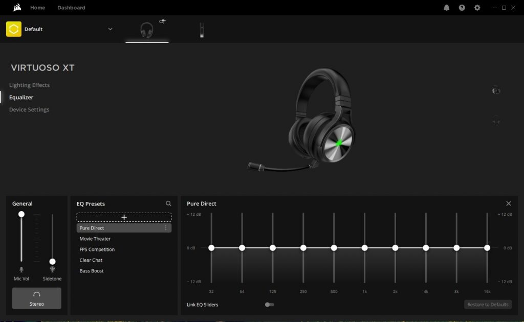 A screenshot for the Corsair iCue app connected to the Corsair Virtuoso RGB Wireless XT