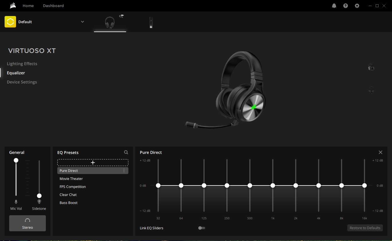 A screenshot for the Corsair iCue app connected to the Corsair Virtuoso RGB Wireless XT