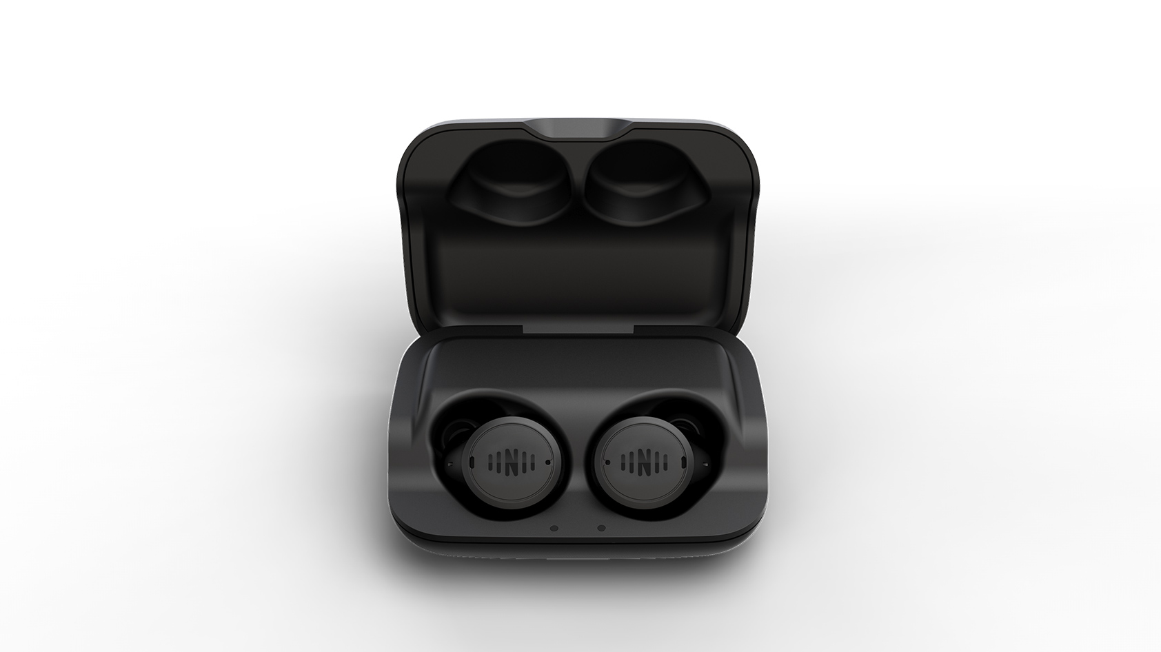 The NuHeara IQBuds2 true wireless hearing aid solution in black against a white background.