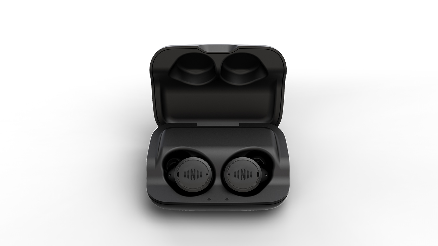 NuHeara IQBuds2 product image The NuHeara IQBuds2 true wireless hearing aid solution in black against a white background.