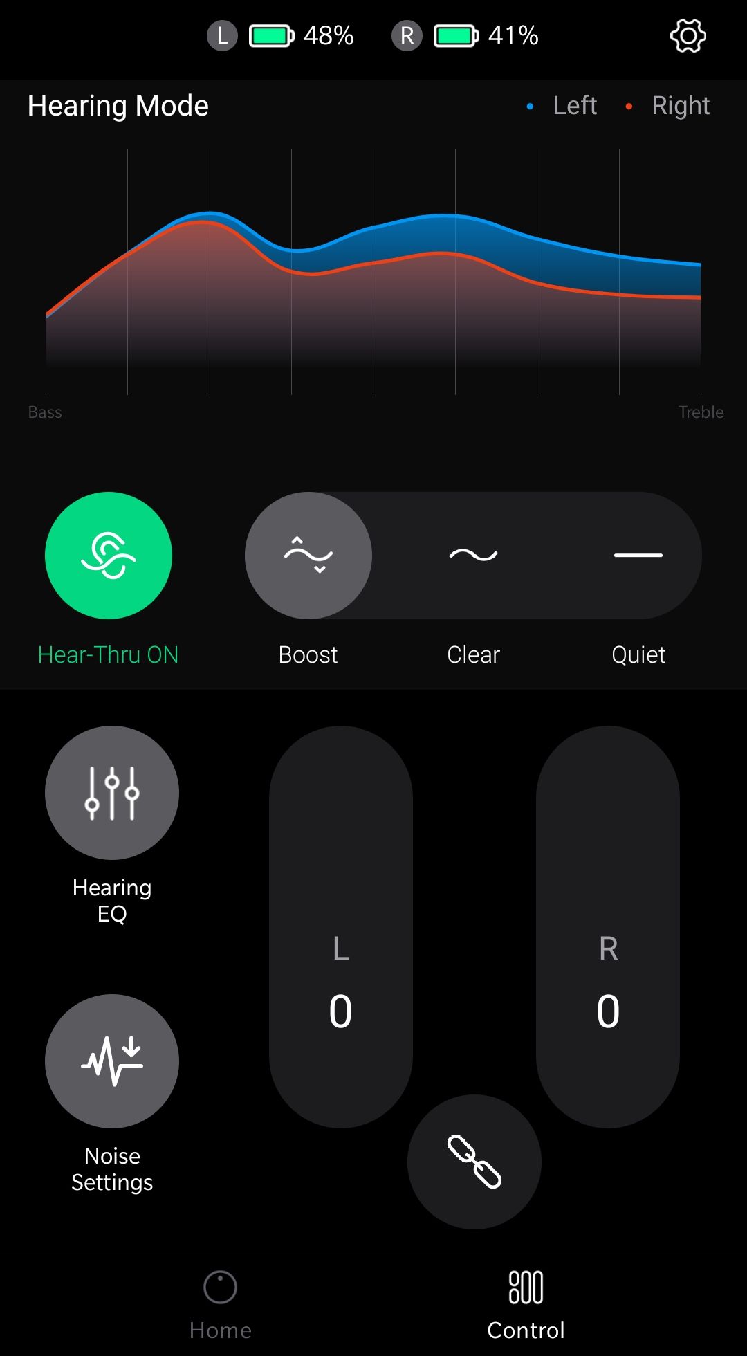 My Olive app screenshot of control options.