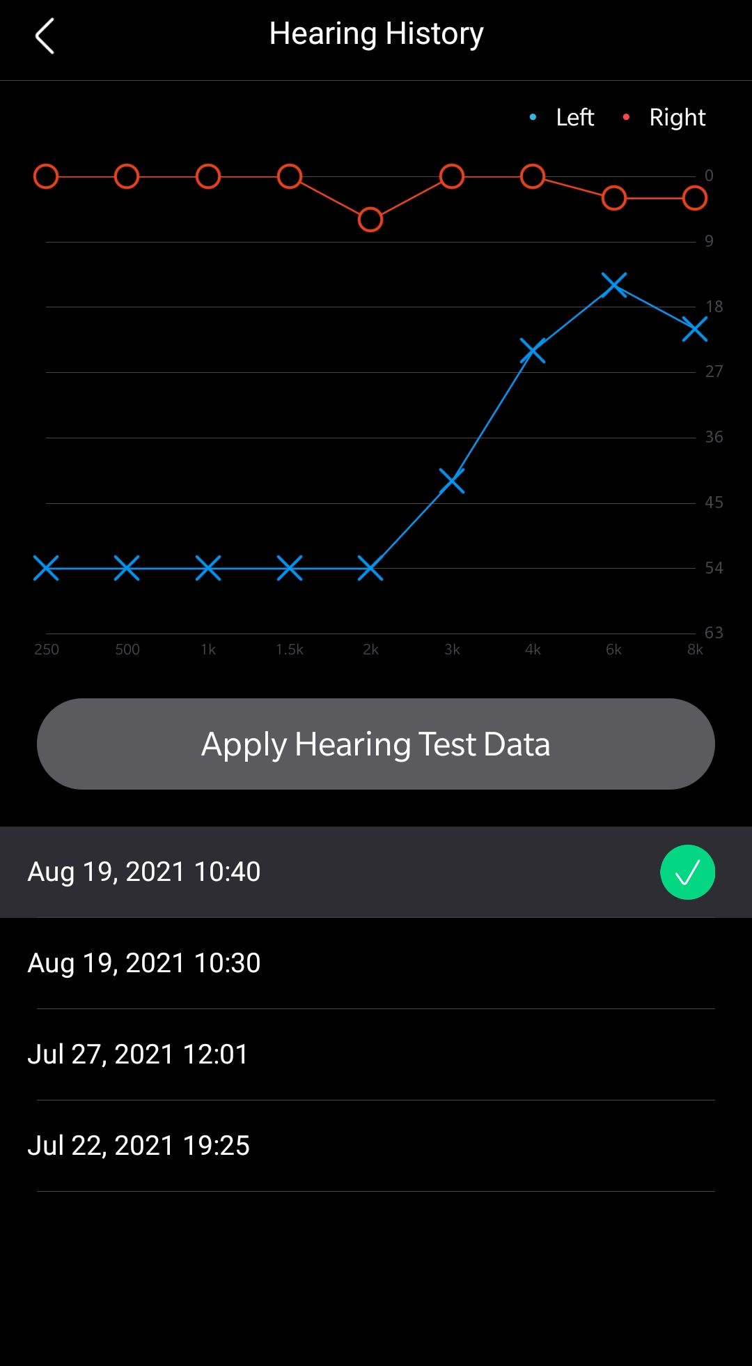 My Olive app screenshot of hearing test result.