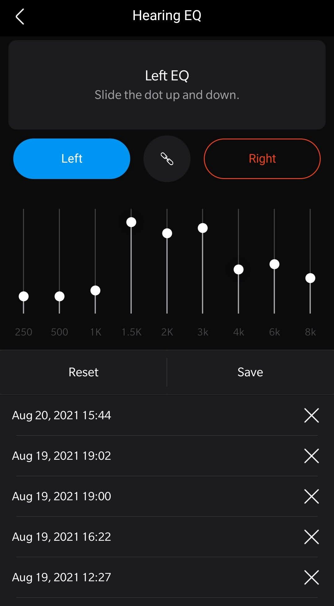 My Olive app screenshot of customized hearing EQ.