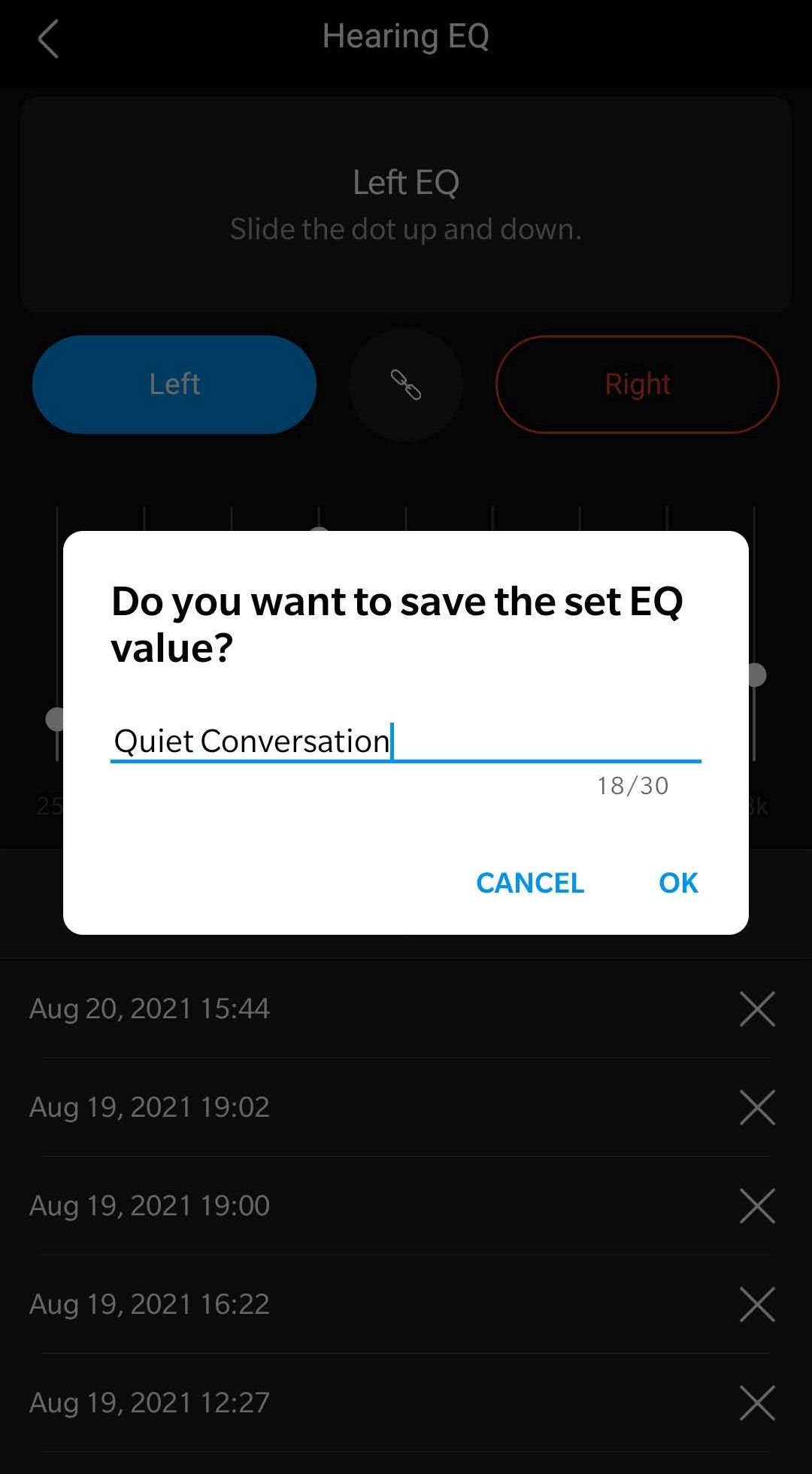My Olive app screenshot of saving a hearing EQ setting.