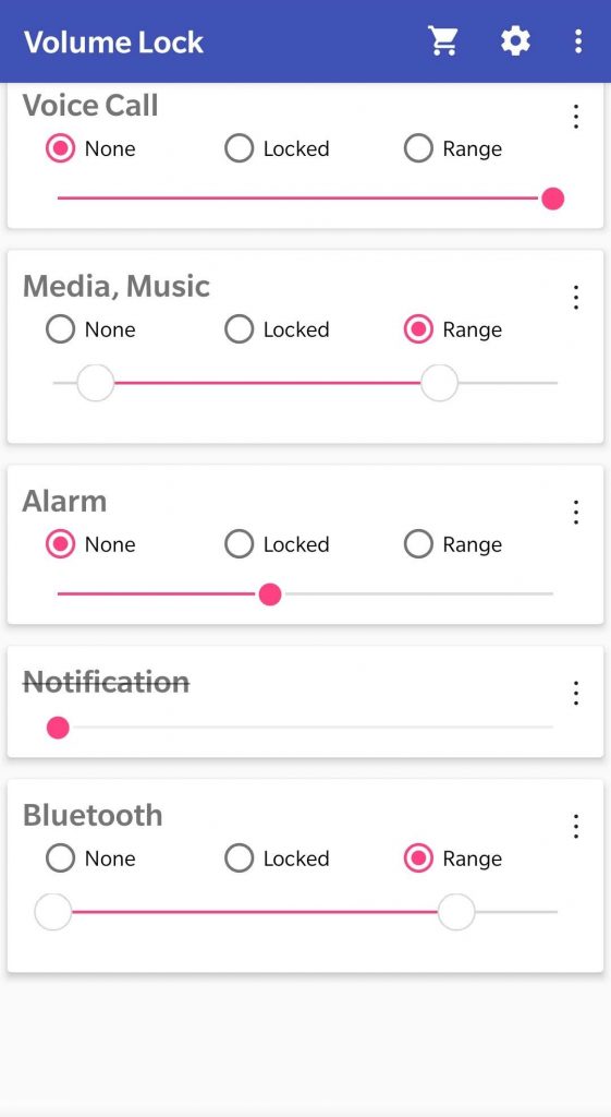 Screenshot of Volume Lock app volume levels screen.