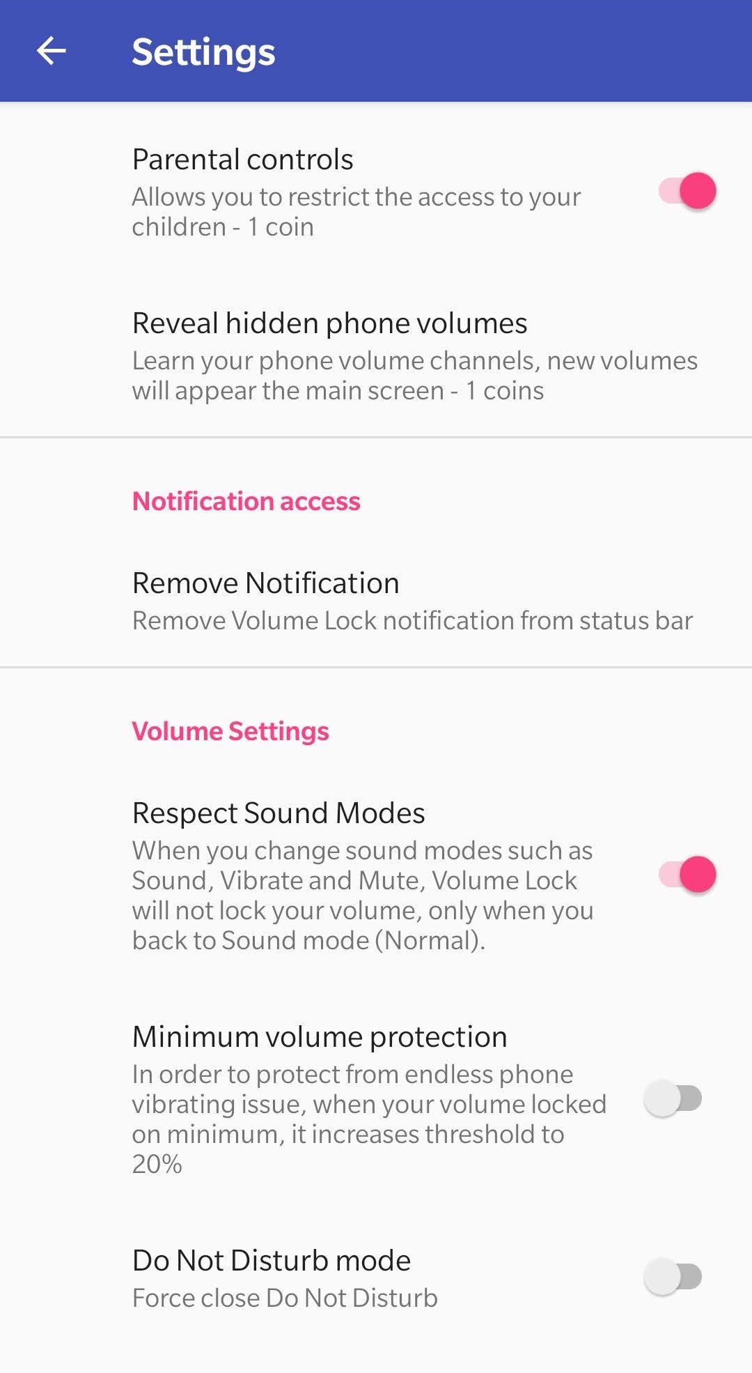 Screenshot of Volume Lock app Settings menu.